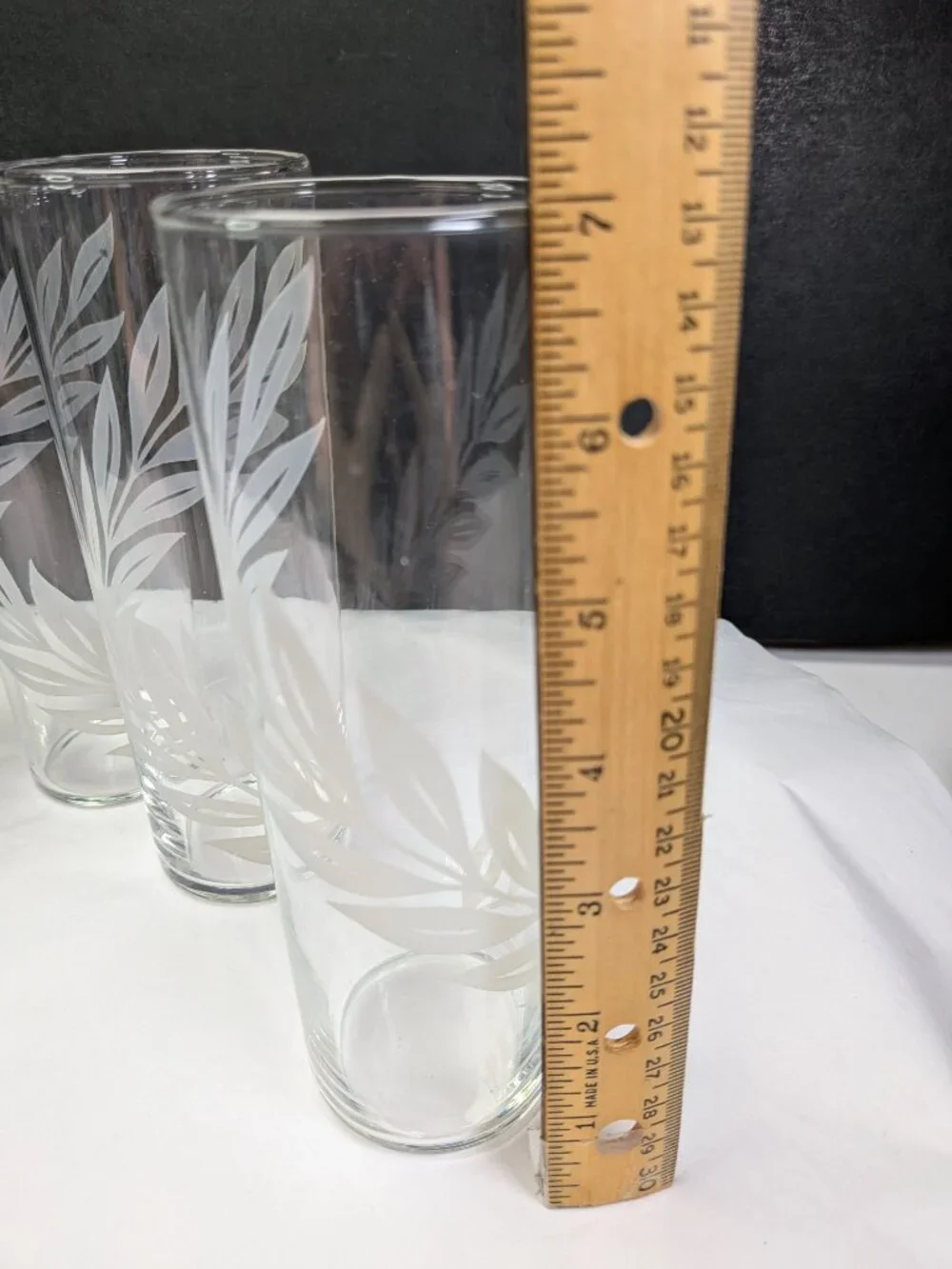 Vintage MCM Frosted White Leaf Highball Glasses 7